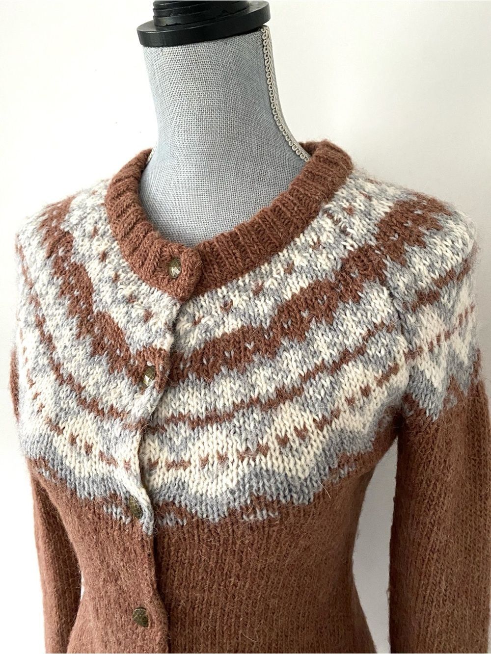 Banana Republic Brown & Cream Alpaca Blend Fair Isle Button Cardigan Sz S Preppy - Picture 3 of 12